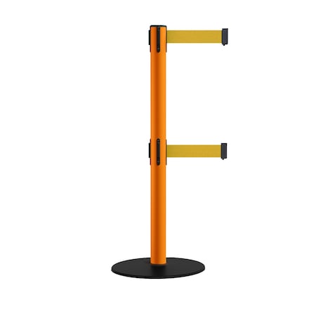 Montour Line Retractable Dbl Belt 2.5" Orange Post , Low Base, 9' YW Belt S400D-OR-YW-90